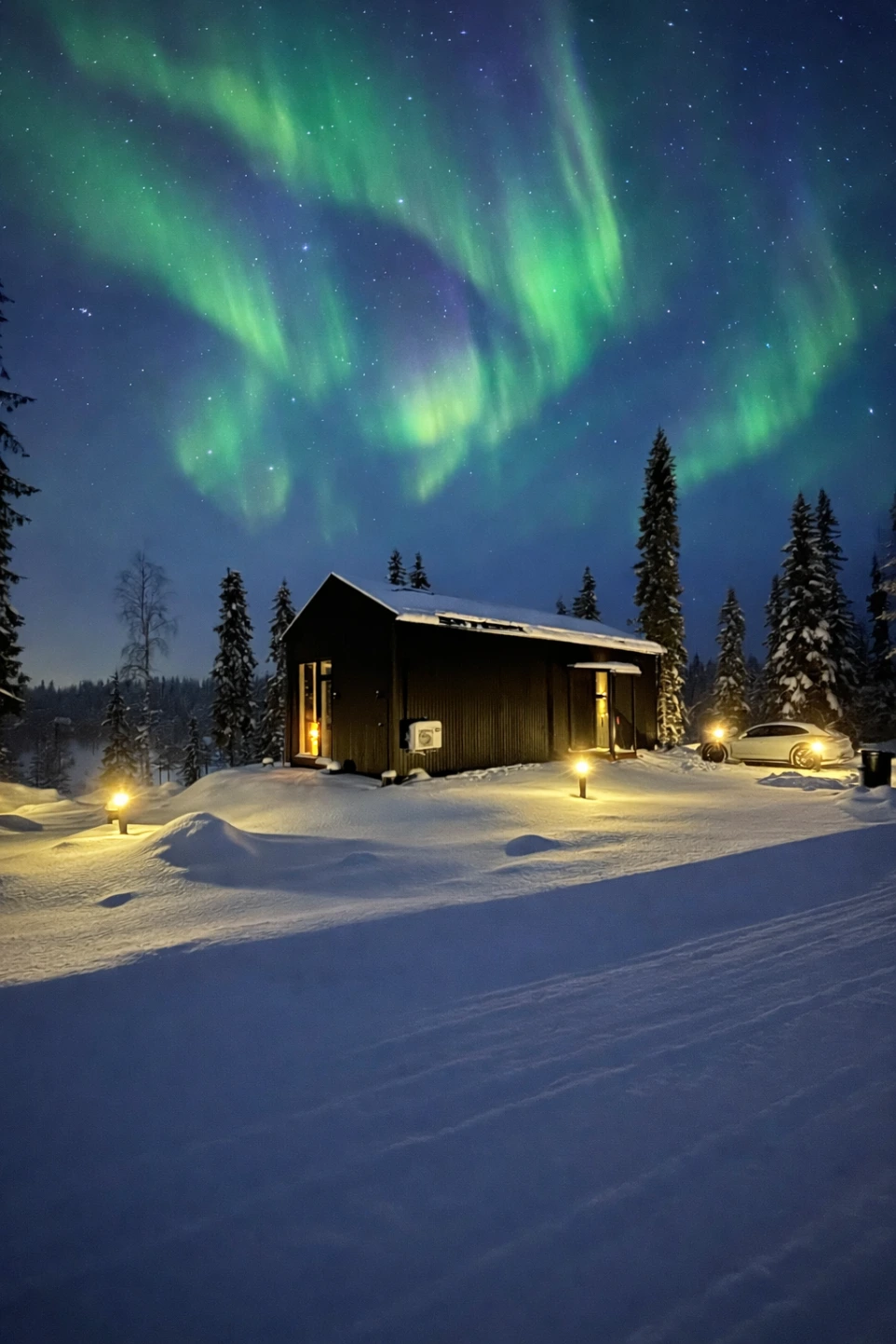 Moderni huvila Syötteellä - revontulet